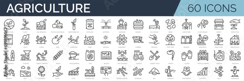 Set of 60 outline icons related to agriculture. Linear icon collection. Editable stroke. Vector illustration