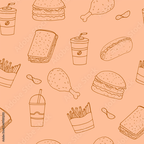 fast food seamless pattern hand drawn in doodle style.