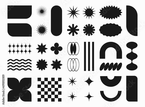 Abstact y2k shapes, retro geometric figures and forms, stickers and badges, stars, wavy lines. Vector illustration, set of decorative design elements.