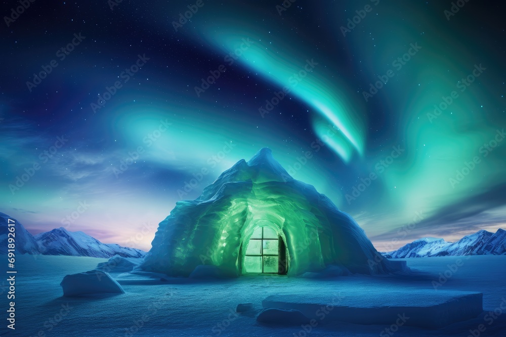 Igloo ice hotel on a snowy plain with aurora borealis during magic winter night. Generative Ai.