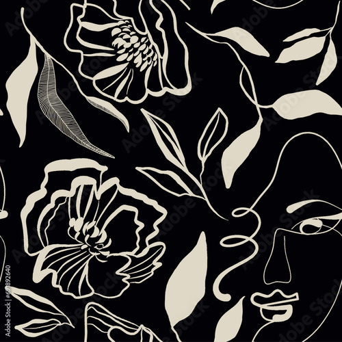Seamless pattern line drawing of women with different faces and floral elements, flowers.