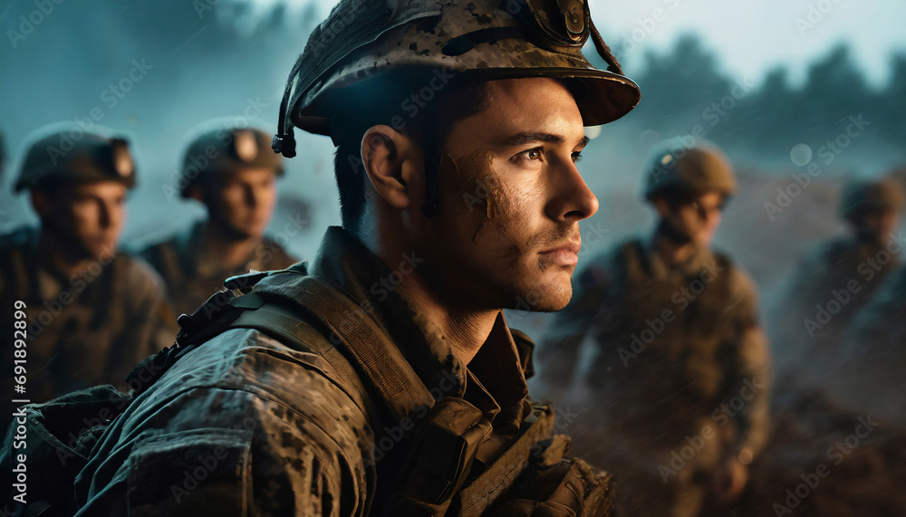 Portrait of a brave soldier in a trench Portrait of a brave soldier in a trench
