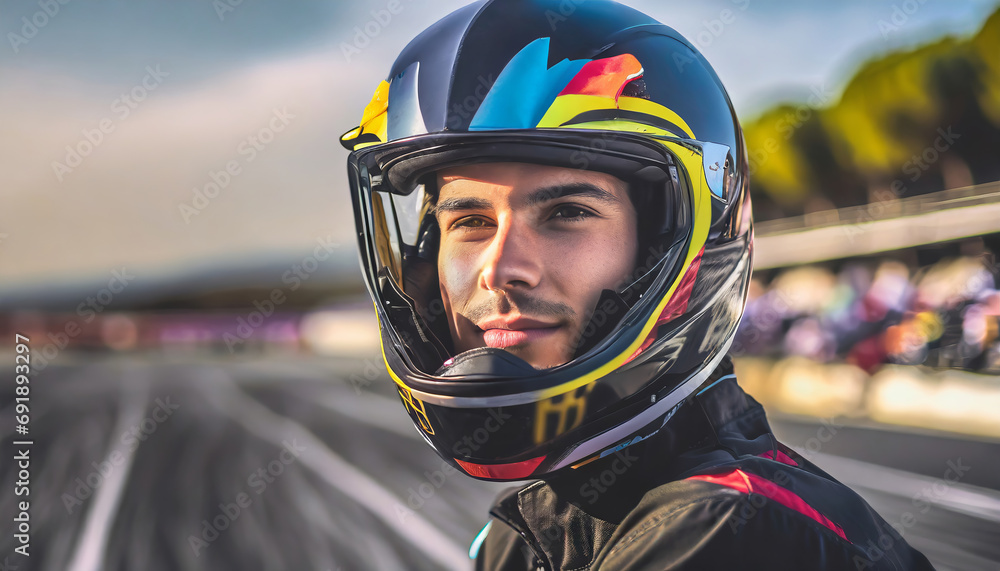 Portrait of a racer in a helmet on a race track Portrait of a racer in a helmet on a race track