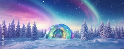 Igloo ice hotel with aurora borealis during magic winter, panorama. Generative Ai. photo