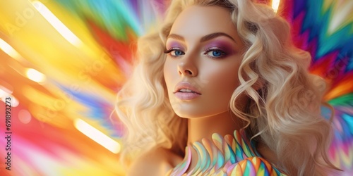 A Beautiful Woman wearing Dessous in the Psychedelic Rainbow Goddess Beauty White Holy Style - Happy, Body Positive and Self Love Woman Fashion Background created with Generative AI Technology