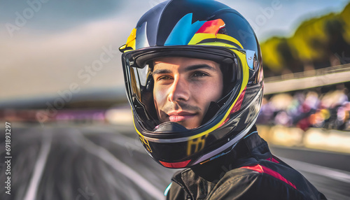 Portrait of a racer in a helmet on a race track