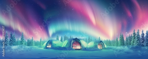 Igloo ice hotel with aurora borealis during magic winter night  panorama.  Generative Ai.