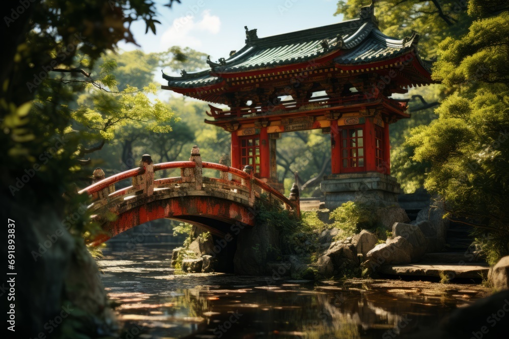 View of a bridge and a Japanese gate across a pond in a beautiful park