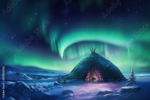 Igloo ice hotel on a snowy plain with aurora borealis during magic winter night. Generative Ai.