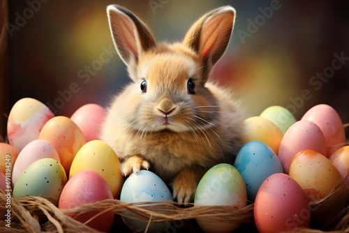 A Curious Bunny Observing a Colourful Collection of Easter Eggs. A small rabbit sitting in front of a group of colourful Easter eggs