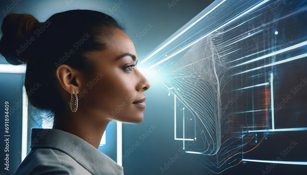Portrait of a woman in scanner rays. Biometric data concept. Portrait of a woman in scanner rays. Biometric data concept.