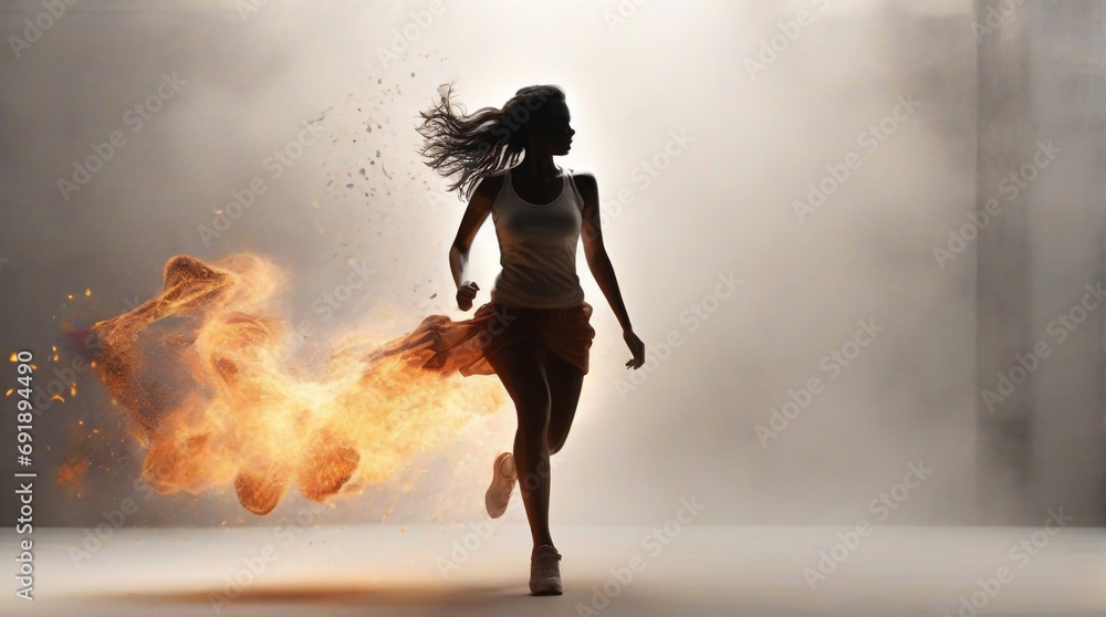 a modern abstract background with burst smoke with fire, in that fire a silhouette female character is running in that burst of smoke, dust and fire, bomb blast, show speed, white background