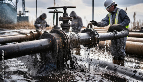 Emergency repair on a large oil pipeline.