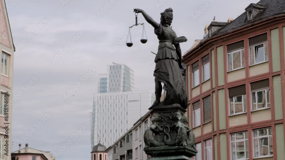 Close tatic clip of statue of Justice in Romerberg Frankfurt with financial district behind Close tatic clip of statue of Justice in Romerberg Frankfurt with financial district behind