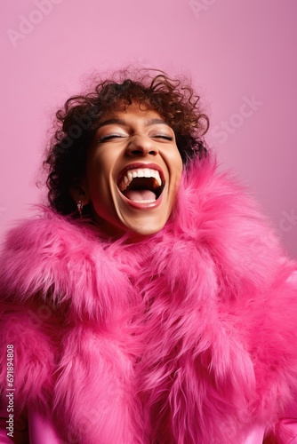 A transvestite guy laughing on a pink background
