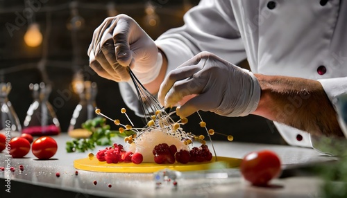 Close-up of the hands of a molecular gastronomy chef.
