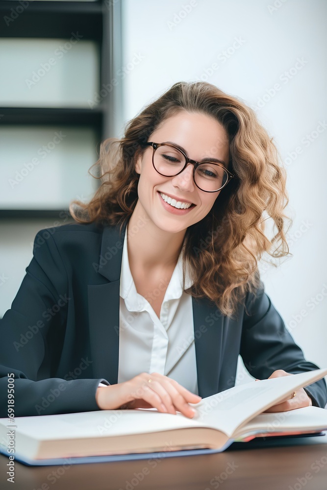 A beautiful business woman is sitting in front of a desk in a modern office and reading a book. generative AI A beautiful business woman is sitting in front of a desk in a modern office and reading a book. generative AI