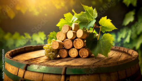 Closeup of a group of wine corks in the shape of a bunch of grapes with green vine leaves, on an old wooden wine barrel with copy space. In the background a vineyard at sunset or sunrise.