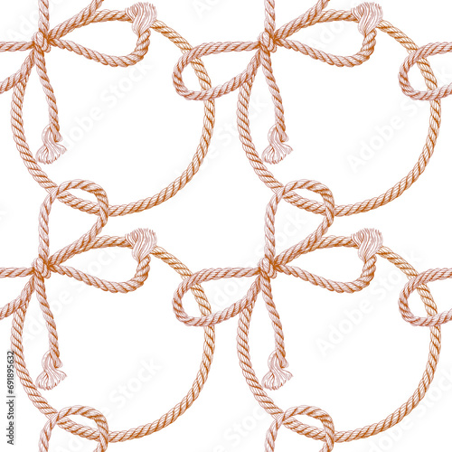 Seamless pattern Rope knot round. Round ropes, rounded borders, decorative circles of marine cable frame with bow knots. Endless loop twisted illustration. Nautical twisted knot circle brown on white.