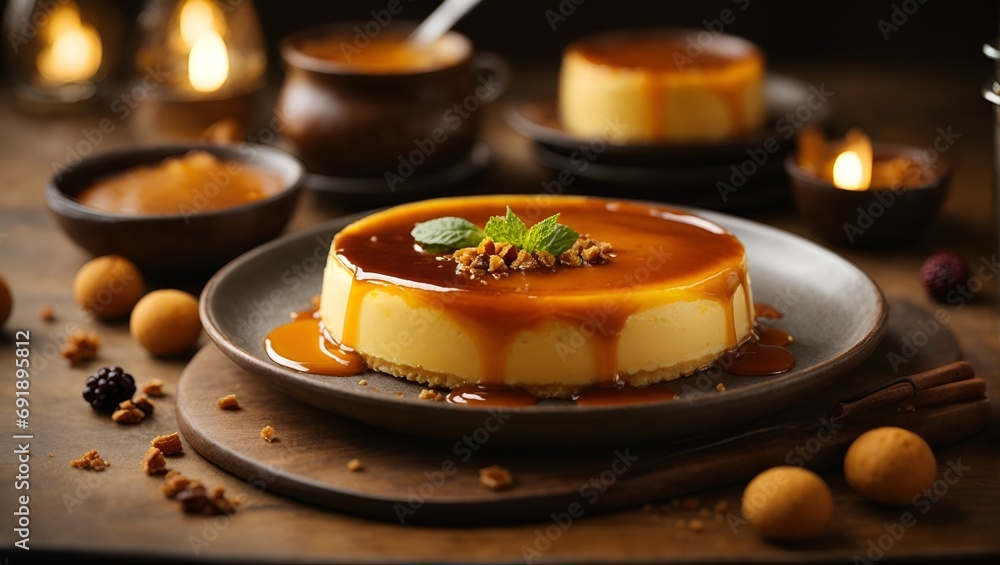 Detailed food photography, Flan, Latin America, A whisper-thin layer of dark caramel tops the dessert, melting into syrupy sauce around the base. rich textures, overhead shot, 50mm lens, earth colors, Detailed food photography, Flan, Latin America, A whisper-thin layer of dark caramel tops the dessert, melting into syrupy sauce around the base. rich textures, overhead shot, 50mm lens, earth colors,