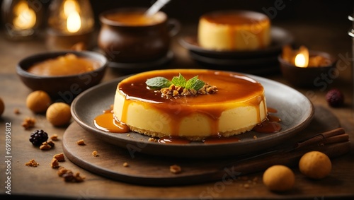 Detailed food photography, Flan, Latin America, A whisper-thin layer of dark caramel tops the dessert, melting into syrupy sauce around the base. rich textures, overhead shot, 50mm lens, earth colors, photo