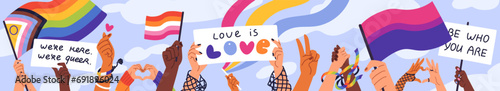 People hold LGBT progressive, lesbian, bisexual flags. Hands with rainbow posters gesturing hearts. LGBTQ community. Gay parade banner. Pride month meeting. Flat isolated vector illustrations on white