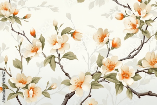 Enchanting peach fuzz floral pattern with scattered blossoms on a romantic background