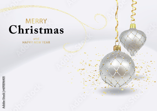 White Christmas Card with Silver Hanging Christmas Ornaments