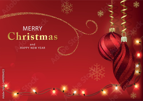 Red Christmas Card with Hanging Christmas Decorations and Glowing Christmas L...