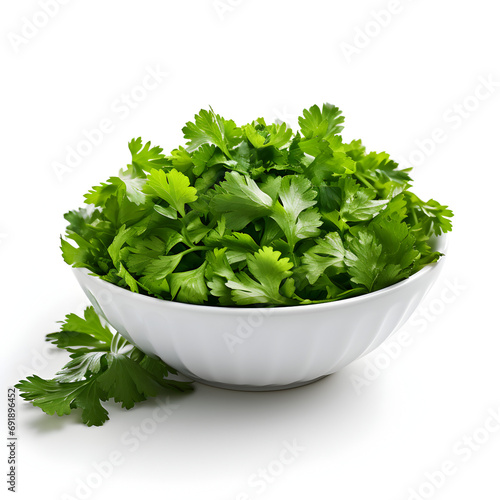 Cilantro in a white bowl isolated on a white background