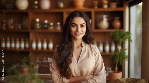 A smiling Indian Ayurvedic doctor in his clinic, surrounded by Ayurvedic medicines