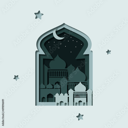 Paper cut of a silhouette of a mosque and crescent moon on a night background