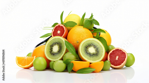 Slice fruits and stethoscope isolated on white background