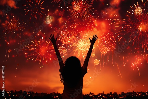 silhouette of a girl enjoying fireworks over city, dark night and bright red sky