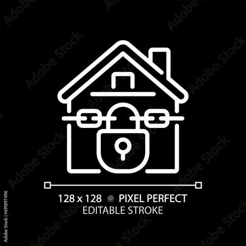 2D pixel perfect editable white foreclosed home icon, isolated vector, thin line illustration representing economic crisis.