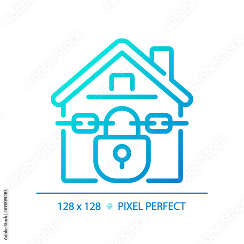 2D pixel perfect gradient foreclosed home icon, isolated vector, thin line blue illustration representing economic crisis.
