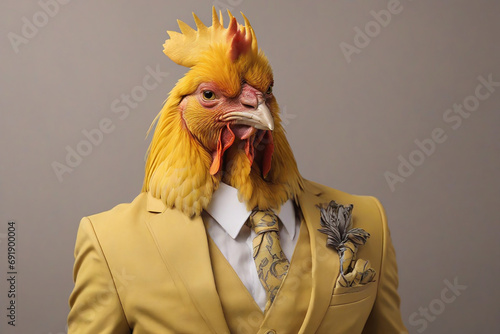 Fashionable portrait of a rooster in a suit on a gray background. photo