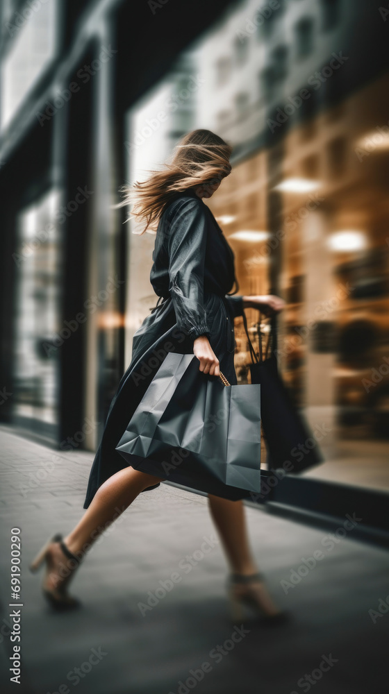 Blurred motion of woman walking and holding black paper shopping bag
