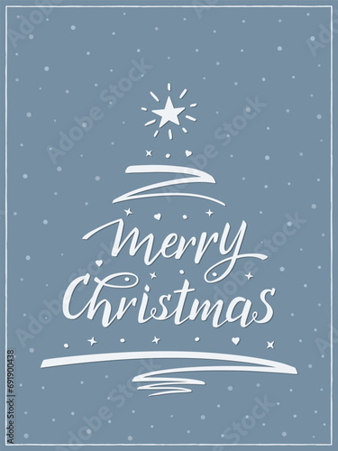 Merry Christmas greeting card with hand lettering, modern brush calligraphy. A Christmas tree is made from the text, pen stroke, star and decorations. Blue and white.
