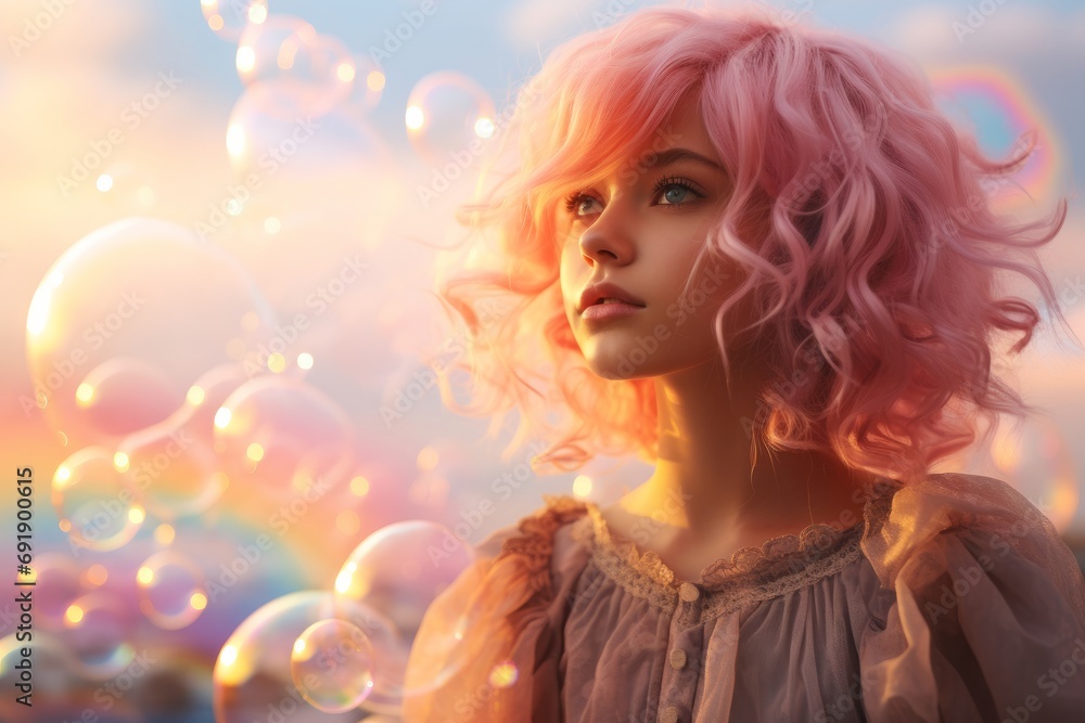 Young Woman with Pink Hair Surrounded by Colourful Soap Bubbles. A woman with pink hair standing in front of rainbow coloured soap bubbles floating around