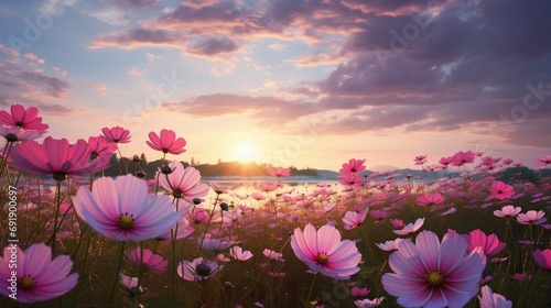 Tranquil Sunset over a Colorful Field of Blooming Flowers generated by AI tool