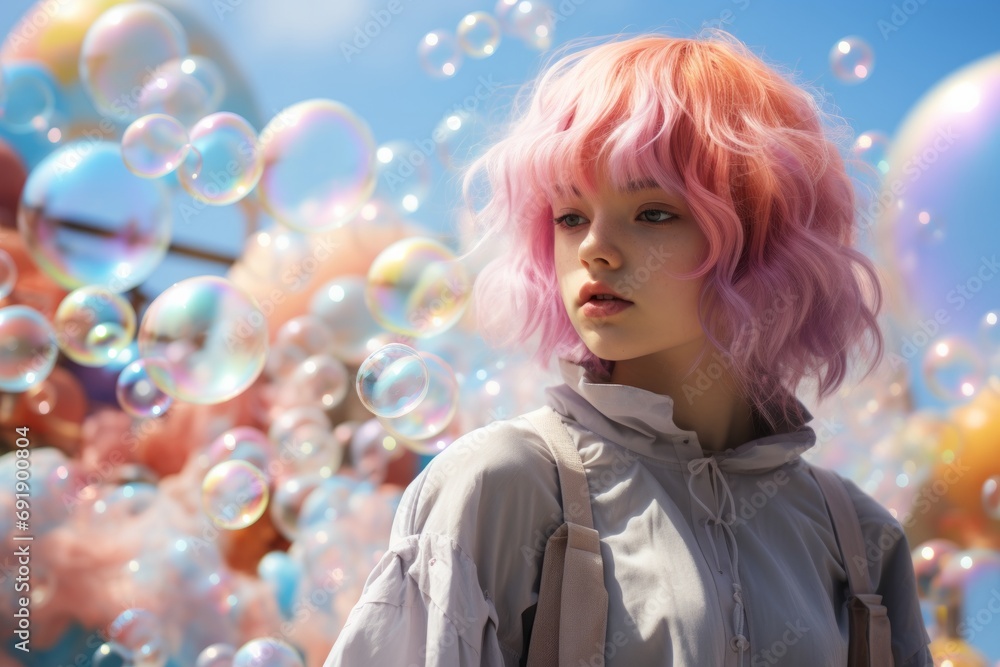 Young Woman with Pink Hair Surrounded by Colourful Soap Bubbles. A woman with pink hair standing in front of rainbow coloured soap bubbles floating around Young Woman with Pink Hair Surrounded by Colourful Soap Bubbles. A woman with pink hair standing in front of rainbow coloured soap bubbles floating around