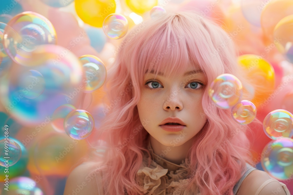 Young Woman with Pink Hair Surrounded by Colourful Soap Bubbles. A woman with pink hair standing in front of rainbow coloured soap bubbles floating around Young Woman with Pink Hair Surrounded by Colourful Soap Bubbles. A woman with pink hair standing in front of rainbow coloured soap bubbles floating around