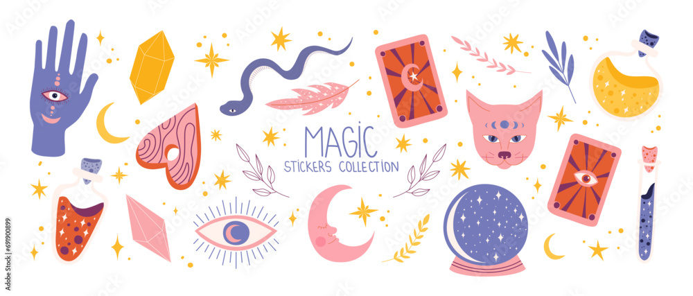 Cartoon set of stickers of magic and witchcraft. 90s wild magic design. botanical elements,skull,cards,hand,eye,potion. Halloween set	