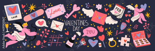 Cartoon stickers for St. Valentine's Day on February 14 in retro 90s style. Romantic elements, love envelope, hearts,love, gifts. Vector shapes big set.
