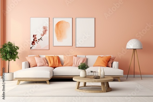 warmth and elegance with this enchanting living room in a captivating peach fuzz color theme photo