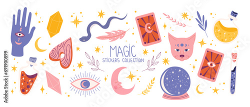 Cartoon set of stickers of magic and witchcraft. 90s wild magic design. botanical elements,skull,cards,hand,eye,potion. Halloween set 