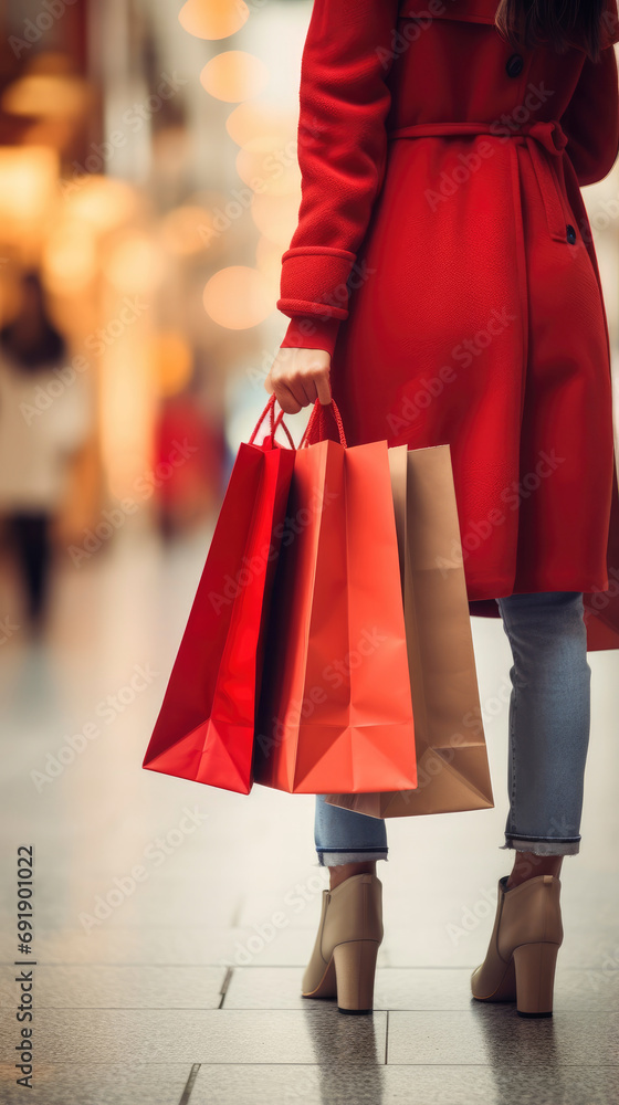 Mid section of woman holding many shopping bags in a blur bokeh community mall background