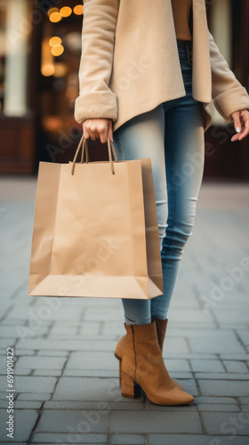 Paper shopping bags in the young woman hands on the city background