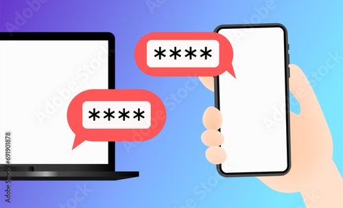 Entering a password from your phone into your laptop. Flat, color, phone and laptop screen mockup, remote password, phone and laptop screen. Vector illustration